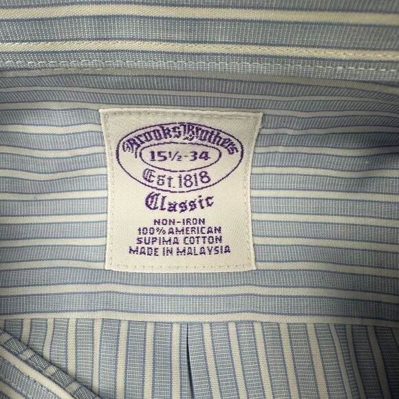 Brooks Brothers Dress Shirt Men Striped Blue Non Iron Supima Cotton 15.5 34 - Picture 5 of 9